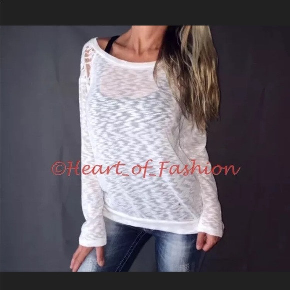 Semi-Sheer Burnout Lace Shoulder Relaxed Top - Picture 2 of 3